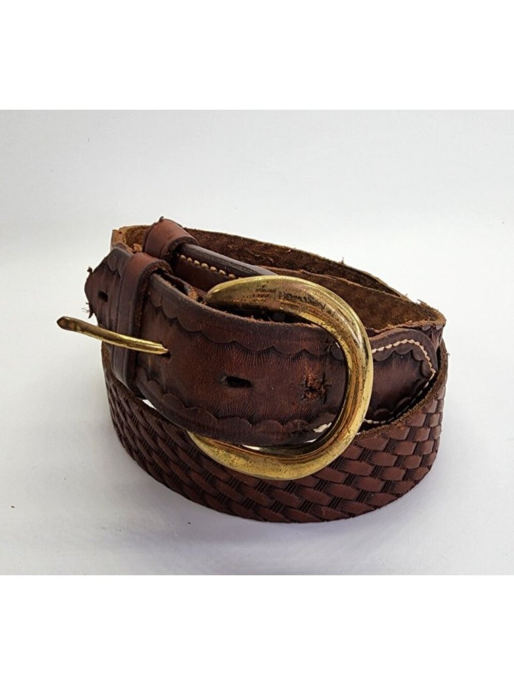 Bianchi Brown Woven Leather Belt With Brass Buckle B3 Size 34 Western White Seam